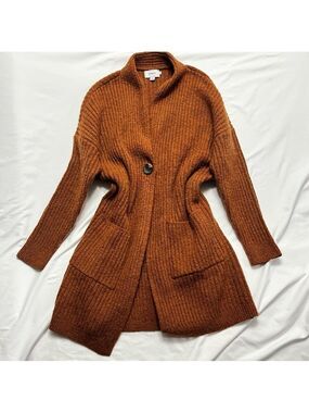 ONLY Longline Cardigan Sweater Coat Ribbed Knit Rust Brown Button M